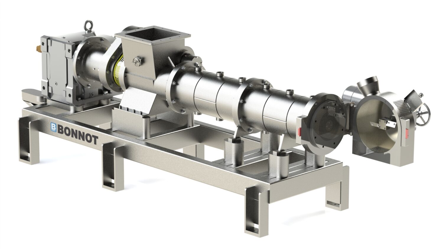 A stainless steel Cold Forming Extruder machine with various cylindrical sections and a labeled Bonnot logo, mounted on a metal frame, used for material processing.