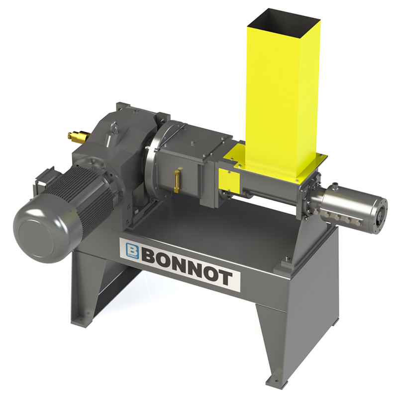 A gray industrial Twin Packer Extruder machine with a yellow vertical feed chute, a cylindrical motor on the left, and a “Bonnot” label on the front. The machine features a rectangular base and metallic components.