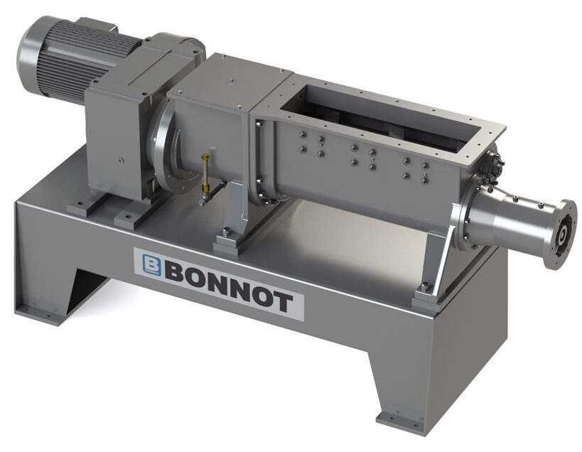 A metal industrial Terrier Extruder machine labeled “Bonnot,” featuring an electric motor, rectangular hopper, and cylindrical extrusion section on a sturdy base.