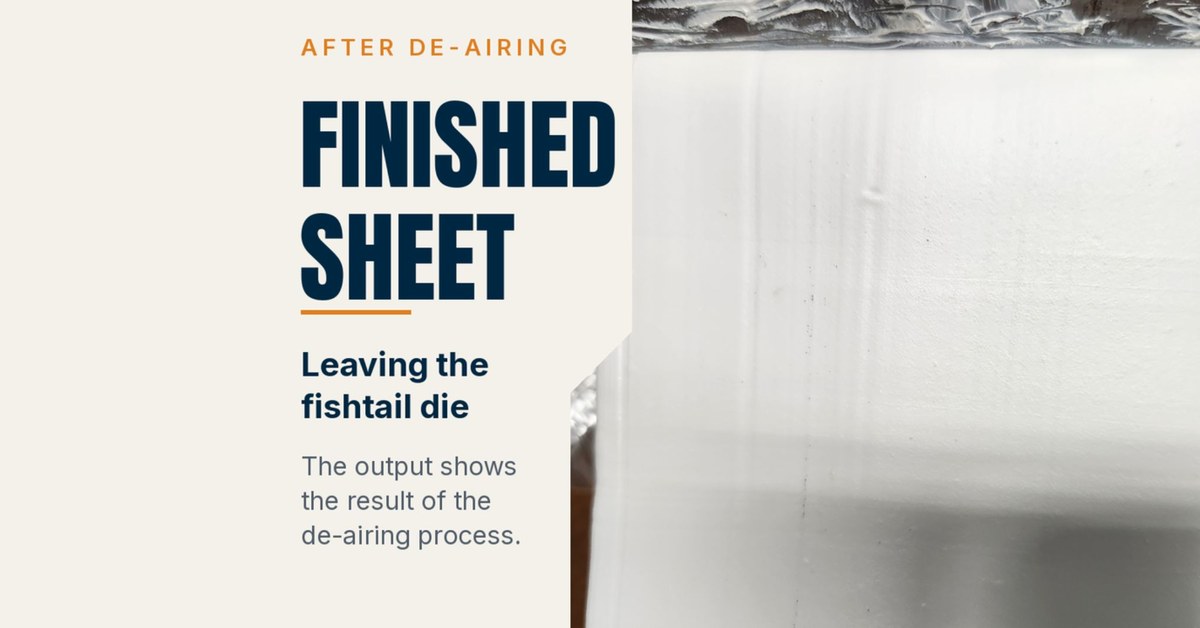 Smooth finished rubber sheet leaving the fishtail die after vacuum de-airing