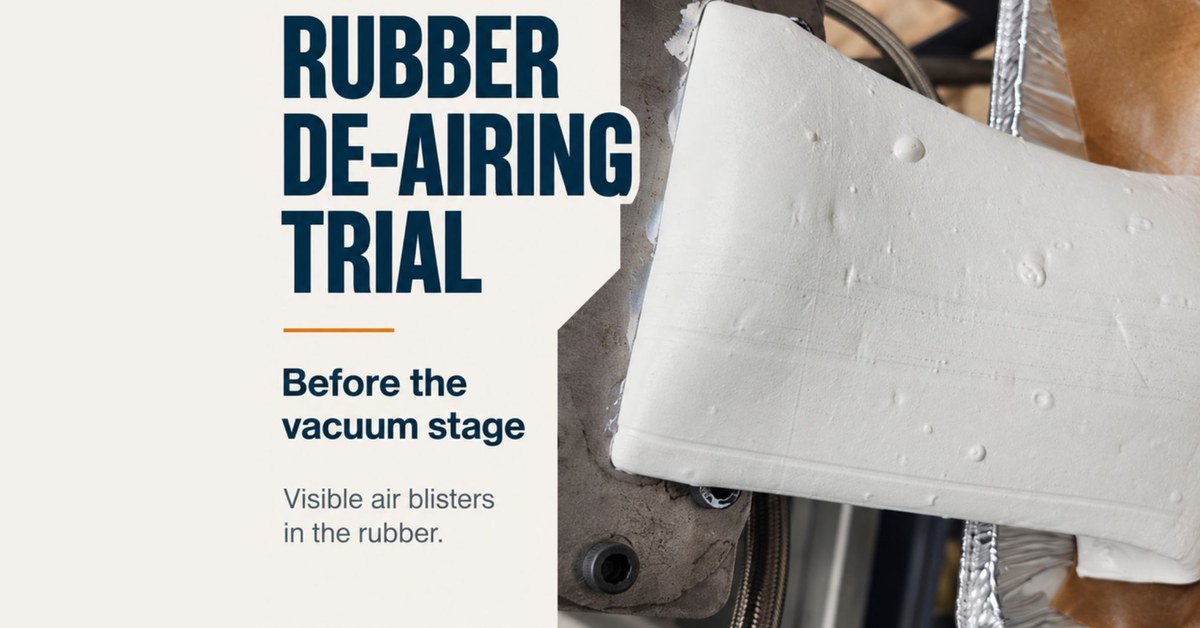 Rubber leaving the Twin Packer feeder with visible air blisters before the vacuum stage of a de-airing trial