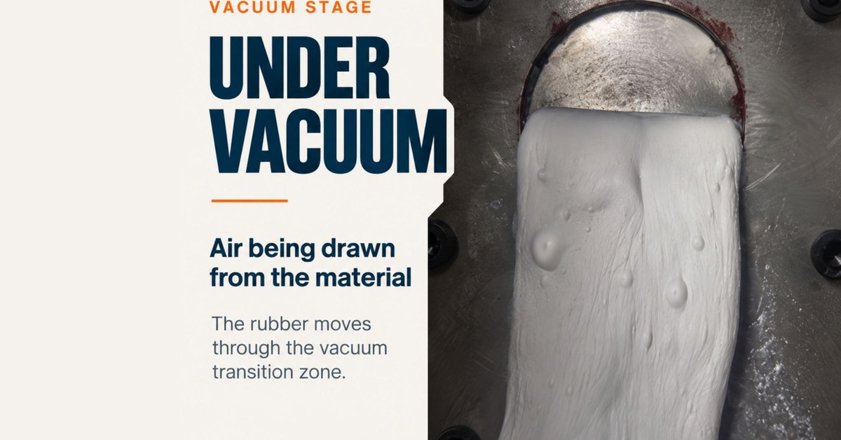 Blistered rubber strip entering the vacuum chamber of a 2-inch Bonnot de-airing extruder